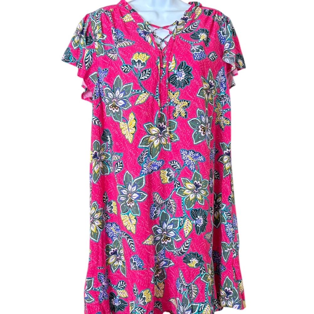 Loft Pink Floral Flounce Dress, Hibiscus Flower, Short, Ruffled, Tie V-Neck, L